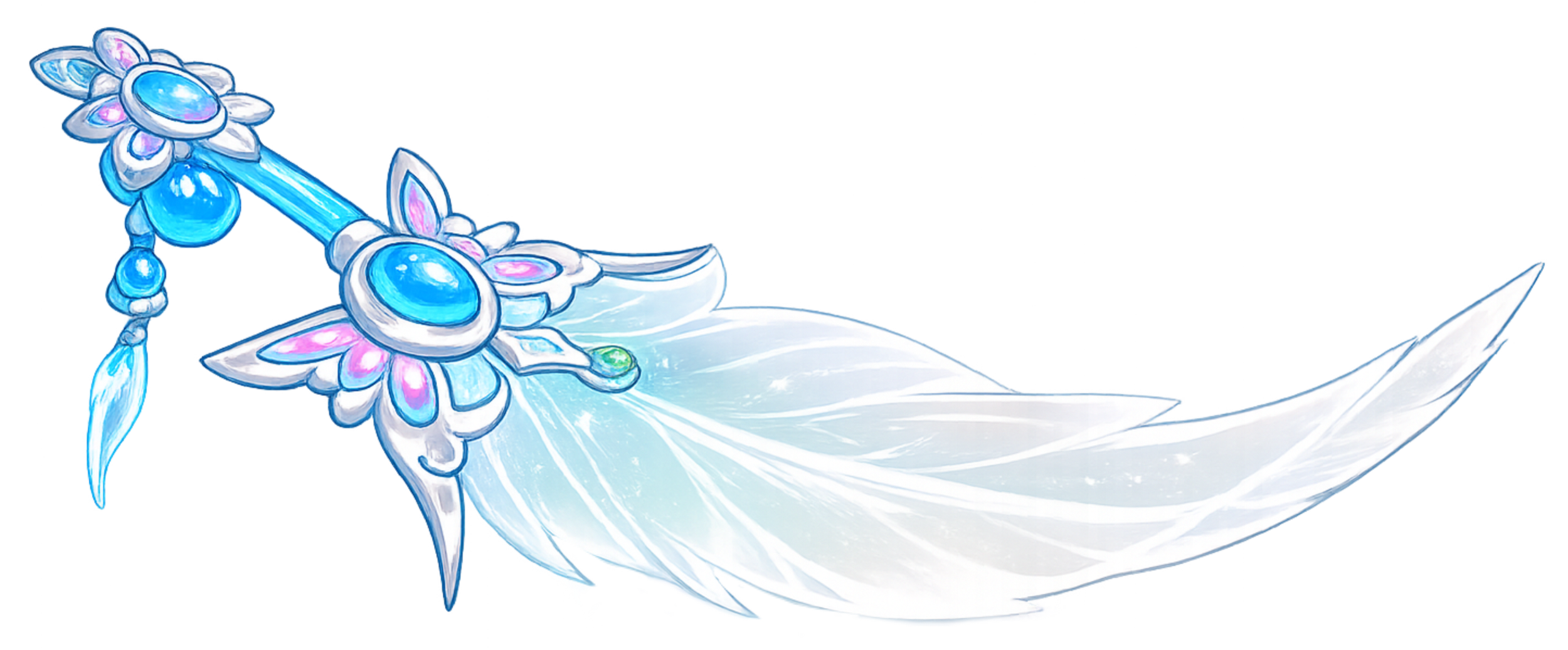 A fantasy-style sword with a silver blade and blue and pink floral decorations on the hilt, featuring a glowing, icy appearance.