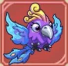 A colorful cartoon feathered creature with purple and blue feathers, a yellow crest, and a cheerful expression, set against a red background.