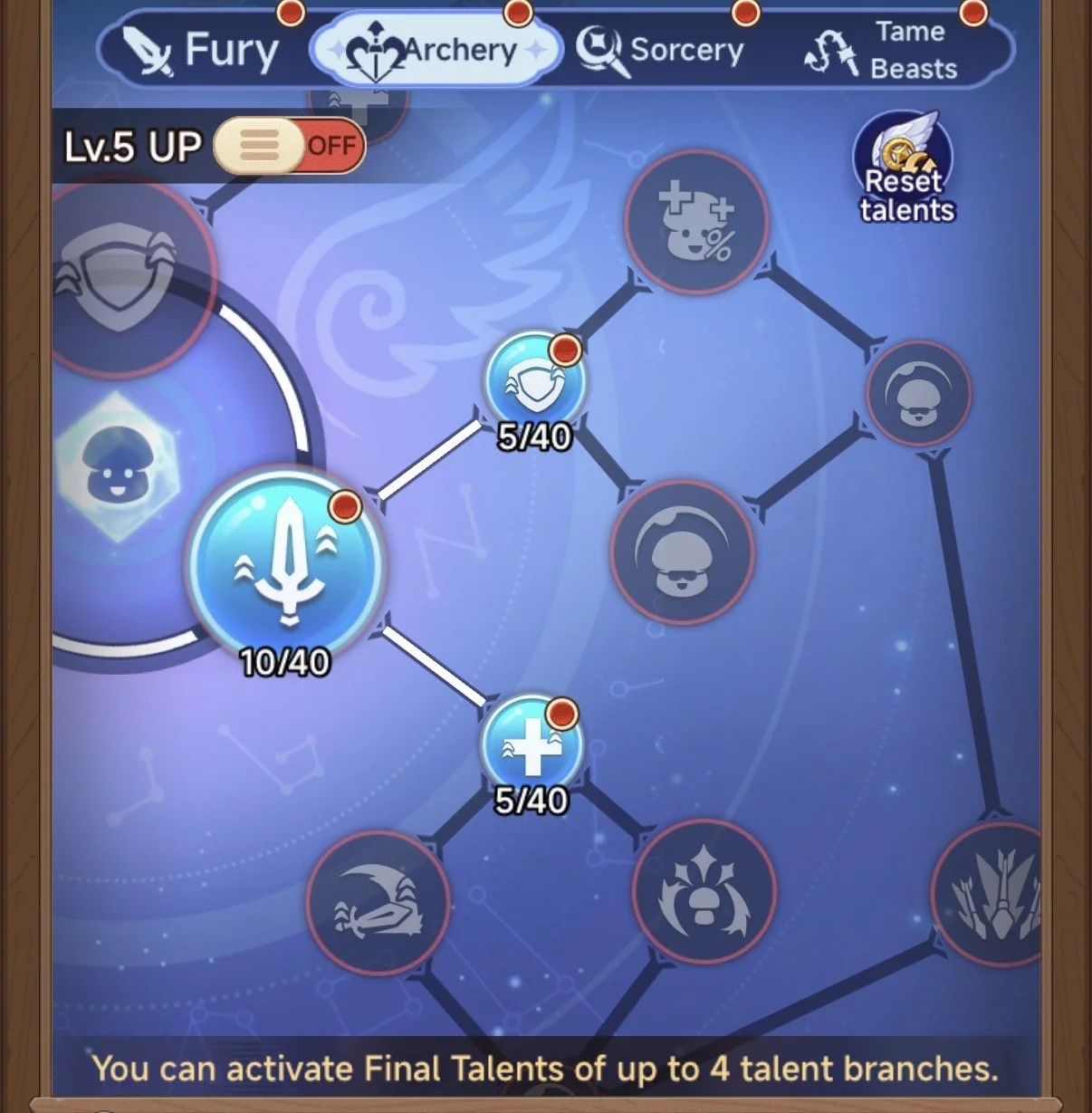 Video game skill tree screen showing the 'Archery' talent branch with three active skills marked with red dots, and other skills locked. The player's current level is 5, and the branch is upgraded to level 5. Text at the bottom indicates that up to four talent branches can be activated.