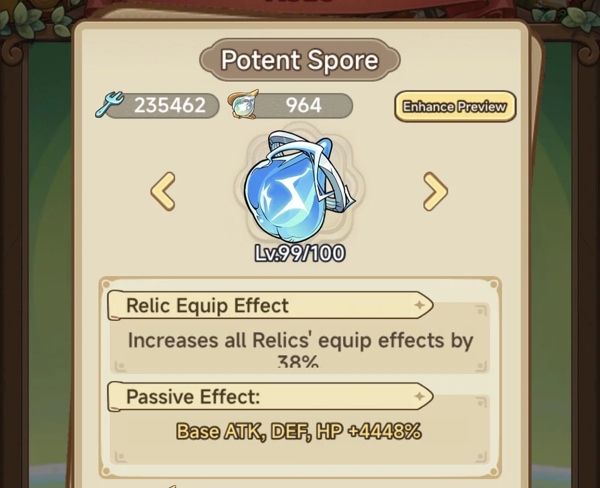 In-game screenshot of a blue, shiny relic item called 'Potent Spore' at level 99 in a game, showing relic effects and stats.