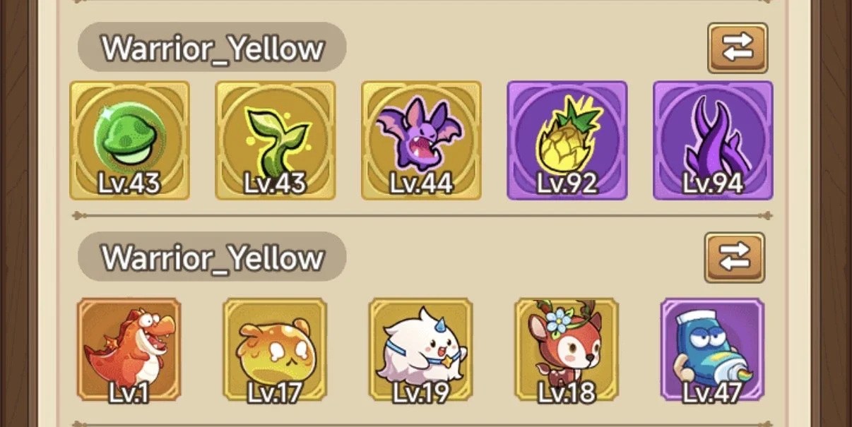 Screenshot of a game interface showing two teams of characters named Warrior_Yellow, each team has five characters with different levels and appearances, including plants, animals, and fantasy creatures.