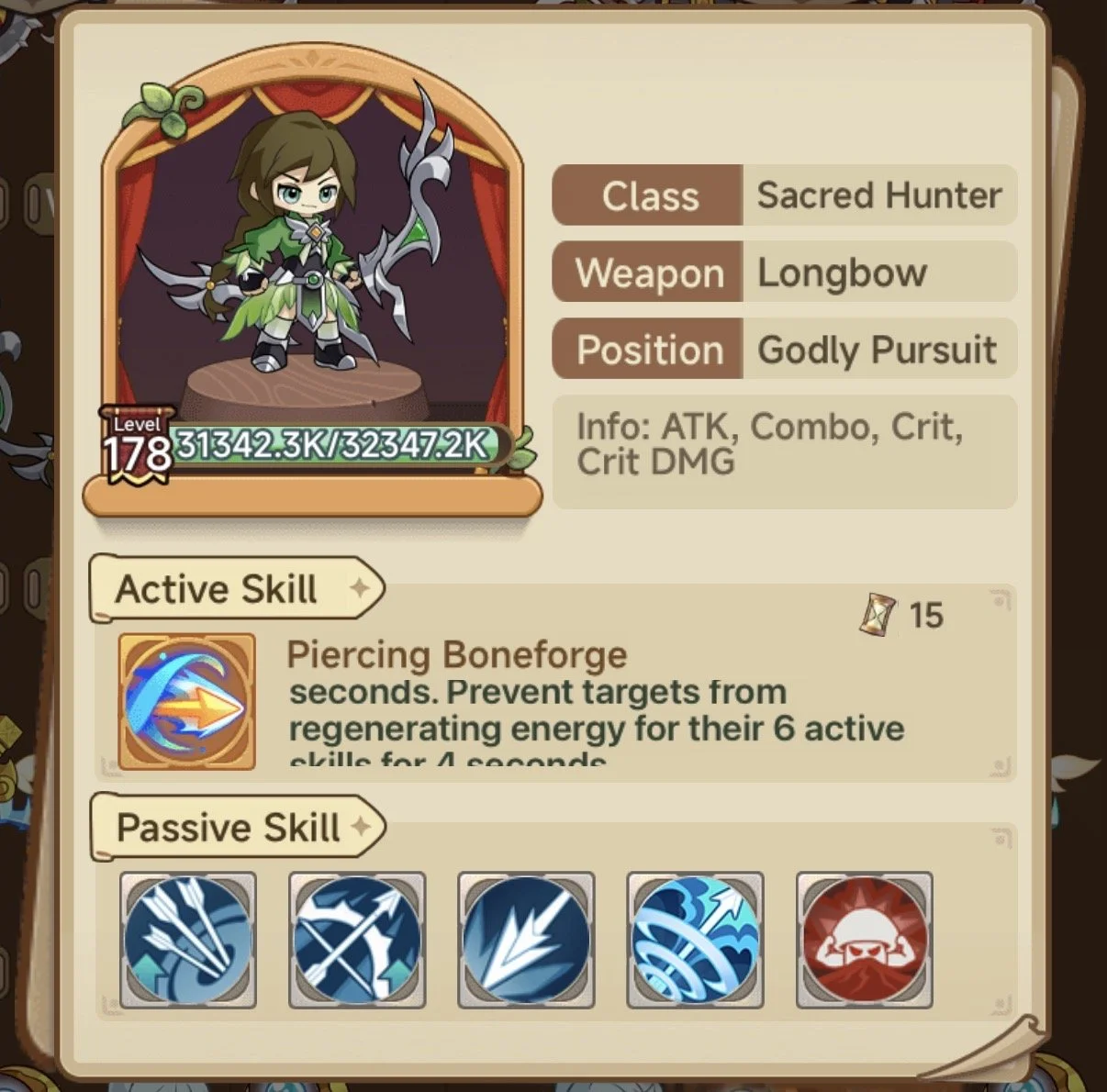 Game character with long brown hair, green and black armor, holding large curved bows and standing on a wooden platform, surrounded by a red curtain boader.