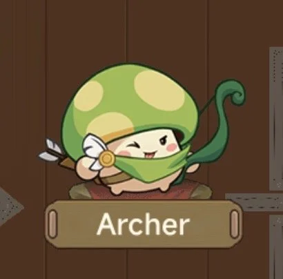 Cute cartoon creature with a green mushroom cap, small body, and a bow, holding a bow and arrow with a playful expression.