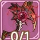 A digital illustration of a fantasy monster with a pink, spiked, dragon-like body, large red eyes, and wings, holding a sword.