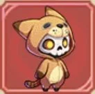 Cartoon character of a small, cute creature with a lion costume, big eyes, and a surprised expression, set against a pink background.