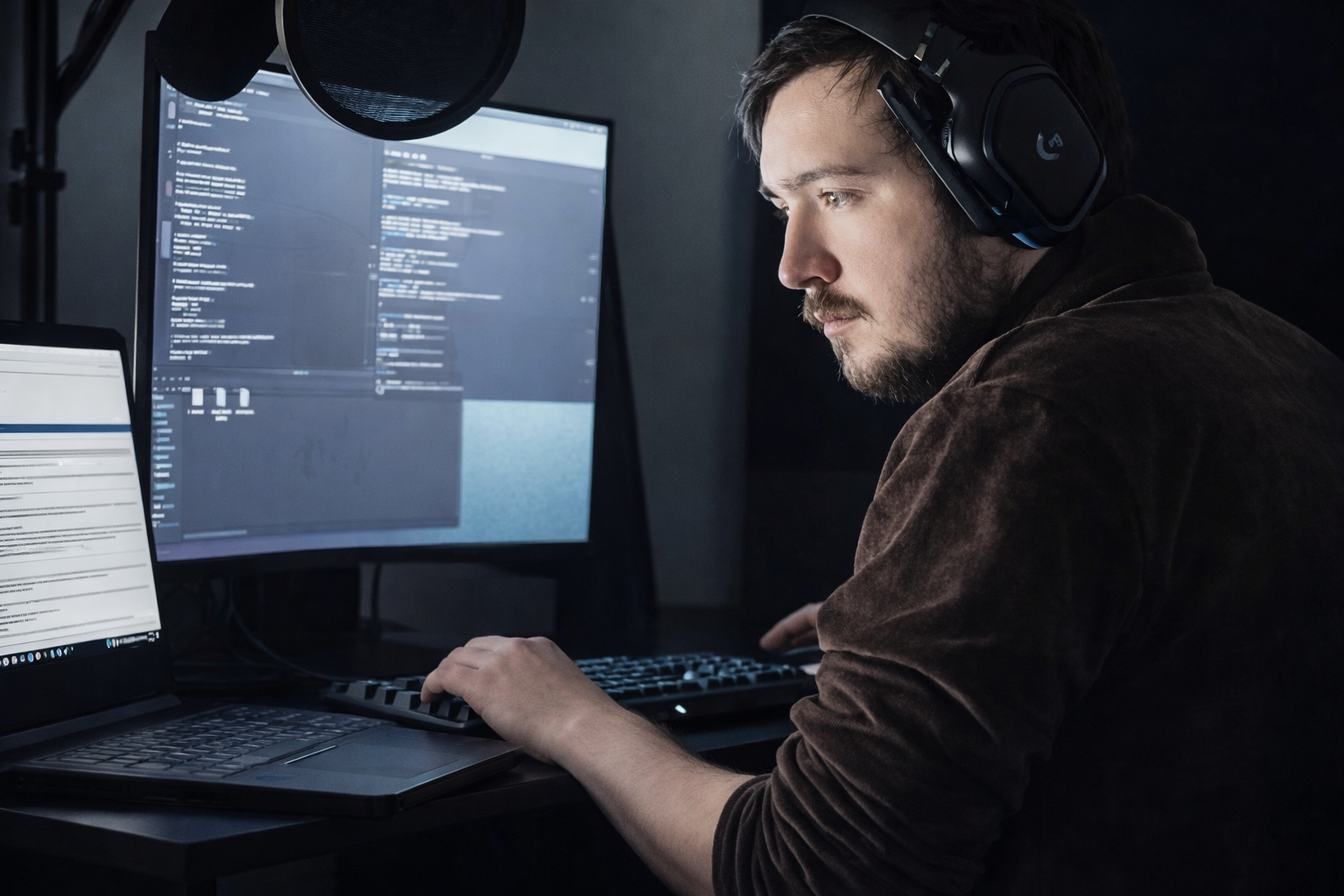 Offensive security practitioner working at a desk with multiple monitors in a low-light workspace.