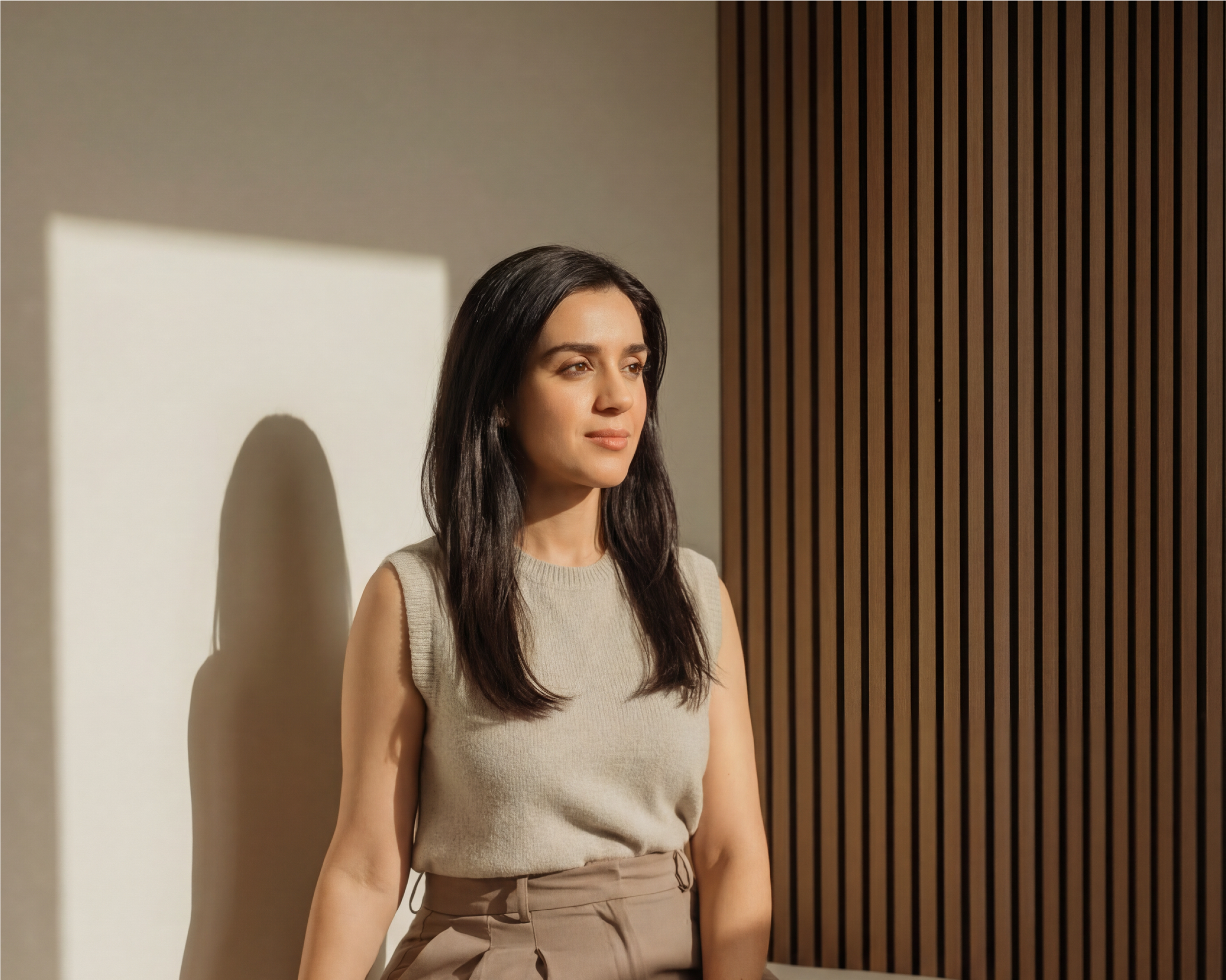 A woman with long dark hair standing indoors, facing right with sunlight casting a shadow on the wall behind her, and a wooden slat wall on her right.