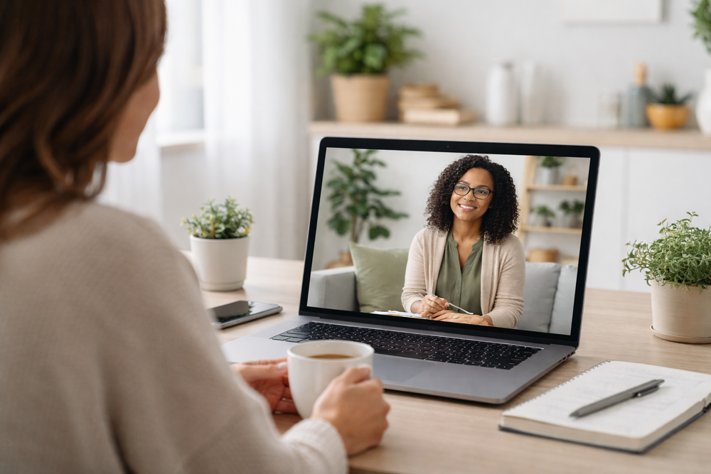 Woman sitting at a table, holding a coffee mug, participating in a video call with a smiling woman on her laptop screen, in a cozy home setting with plants and decor.