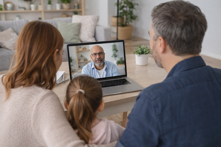 Family having a video call with a doctor using a laptop in their living room.