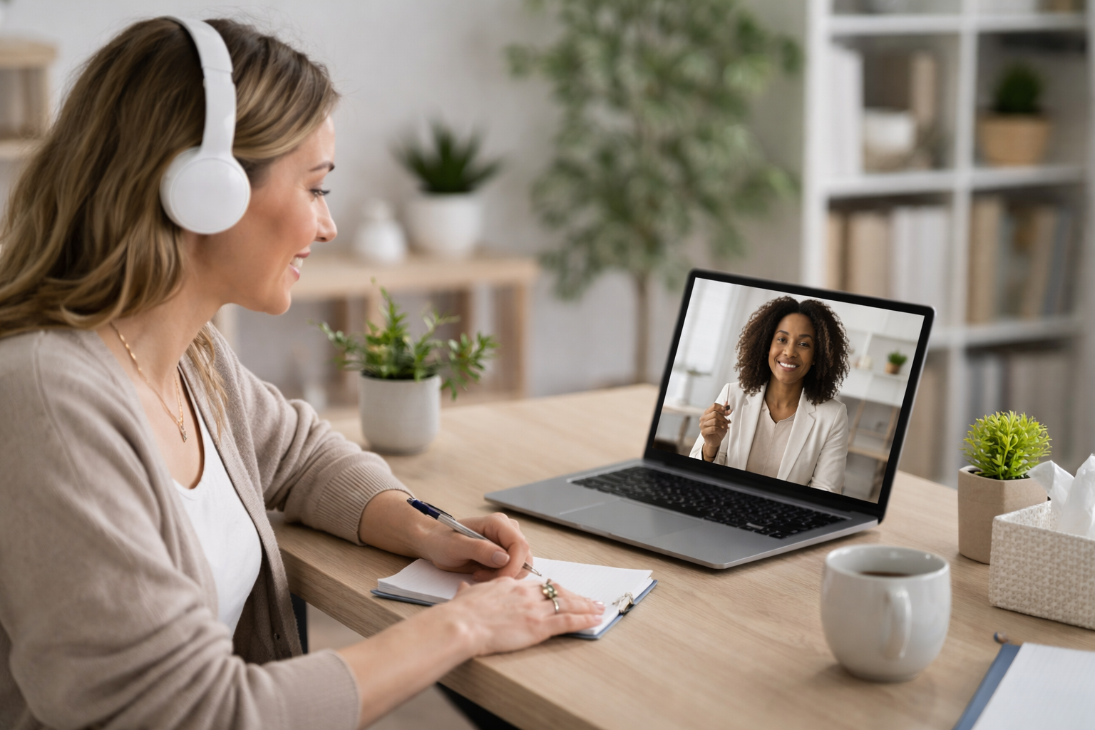 Woman with headphones taking notes during a video conference with a woman on laptop screen, in a home office with potted plants and bookshelves.