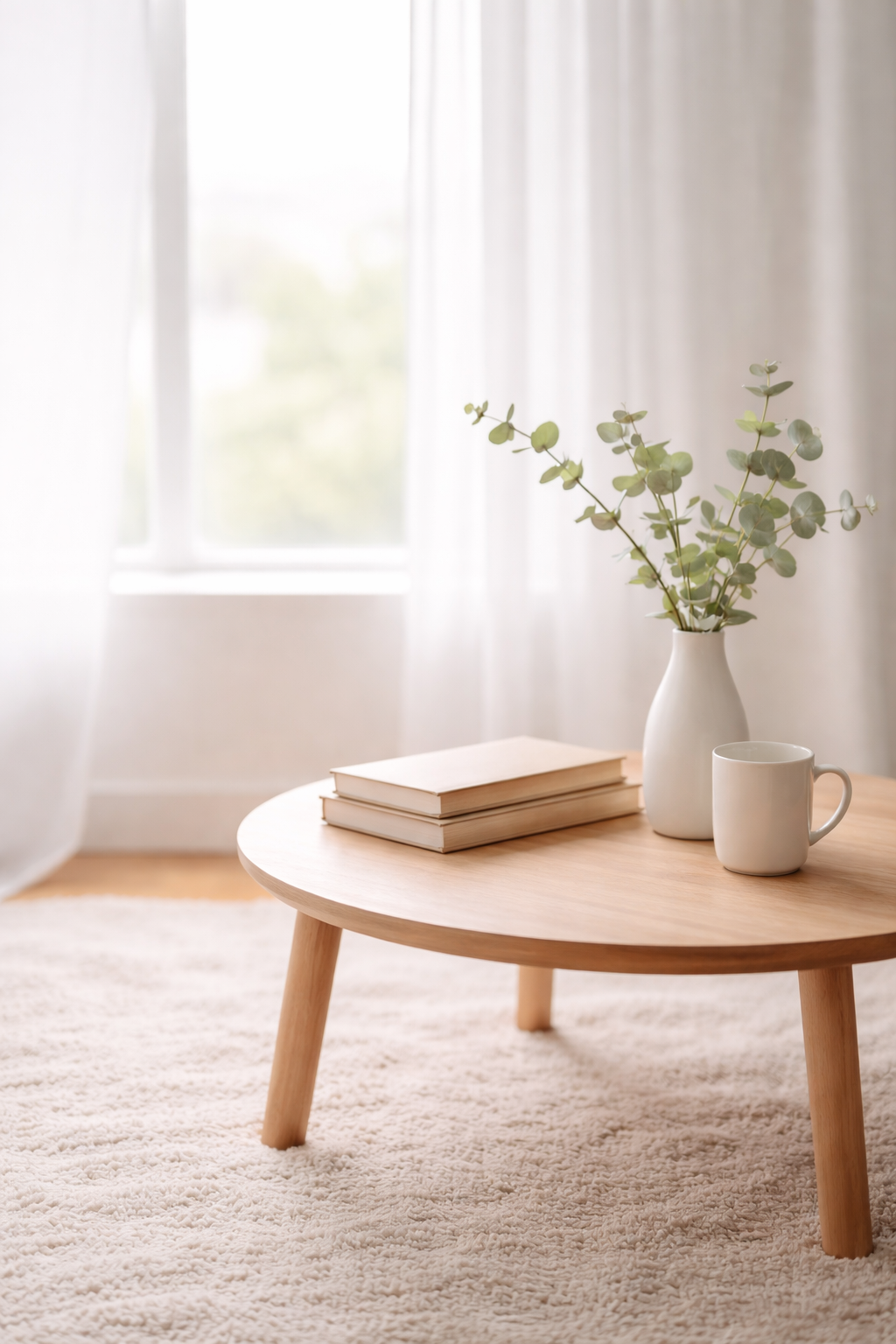 A round wooden table with three stacked books, a white ceramic vase with green eucalyptus branches, and a matching white ceramic mug in front of a window with sheer white curtains.