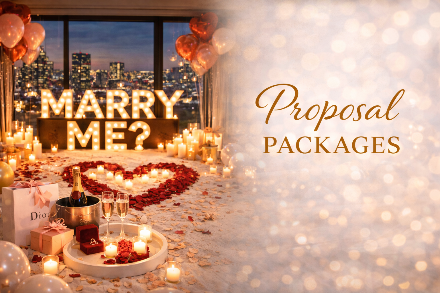 A romantic proposal setting on a rooftop with city skyline in the background, featuring candles, balloons, a heart made of rose petals, a bottle of champagne with two glasses, and illuminated letters spelling "Marry Me?"; right side has a soft bokeh background with the text "Proposal Packages".