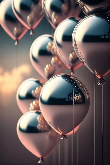 Silver balloons floating in the air.