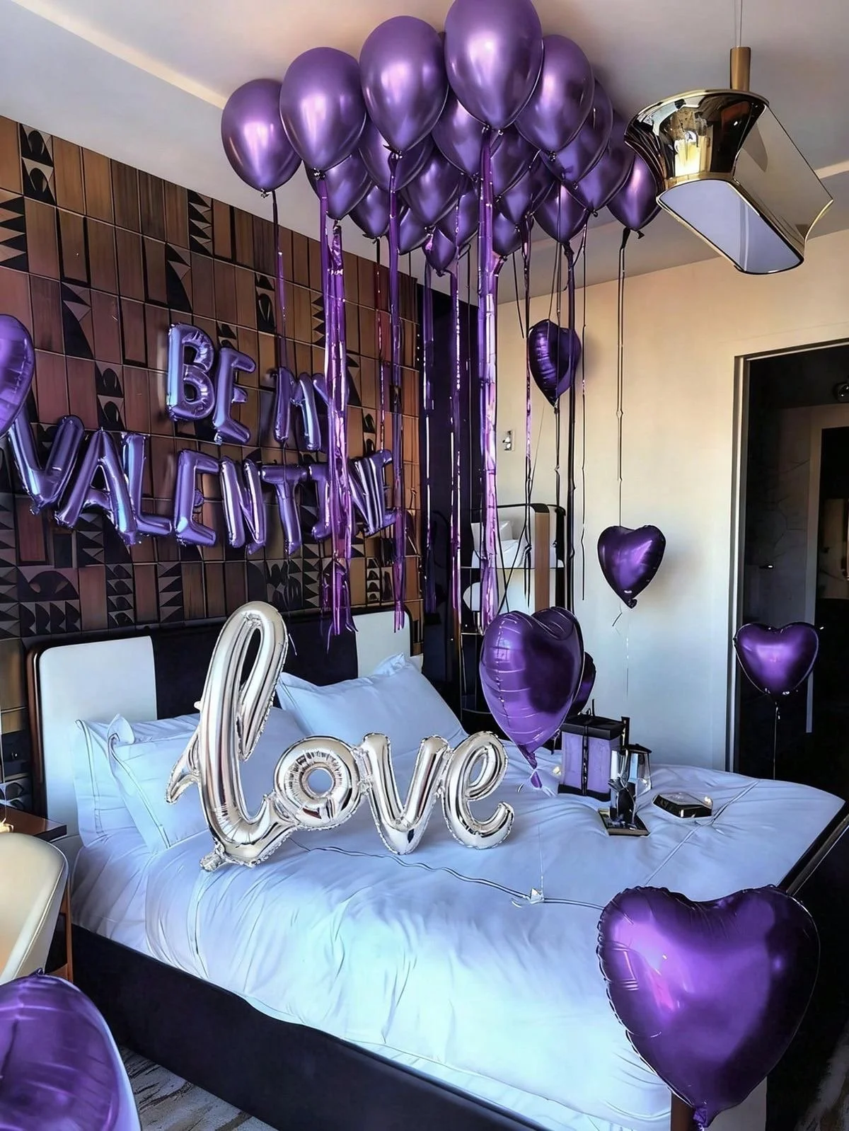 Hotel room decorated with purple heart-shaped and balloon decorations, including a large "Love" balloon, purple balloons hanging from the ceiling, and a "Be My Valentine" sign on the wall.