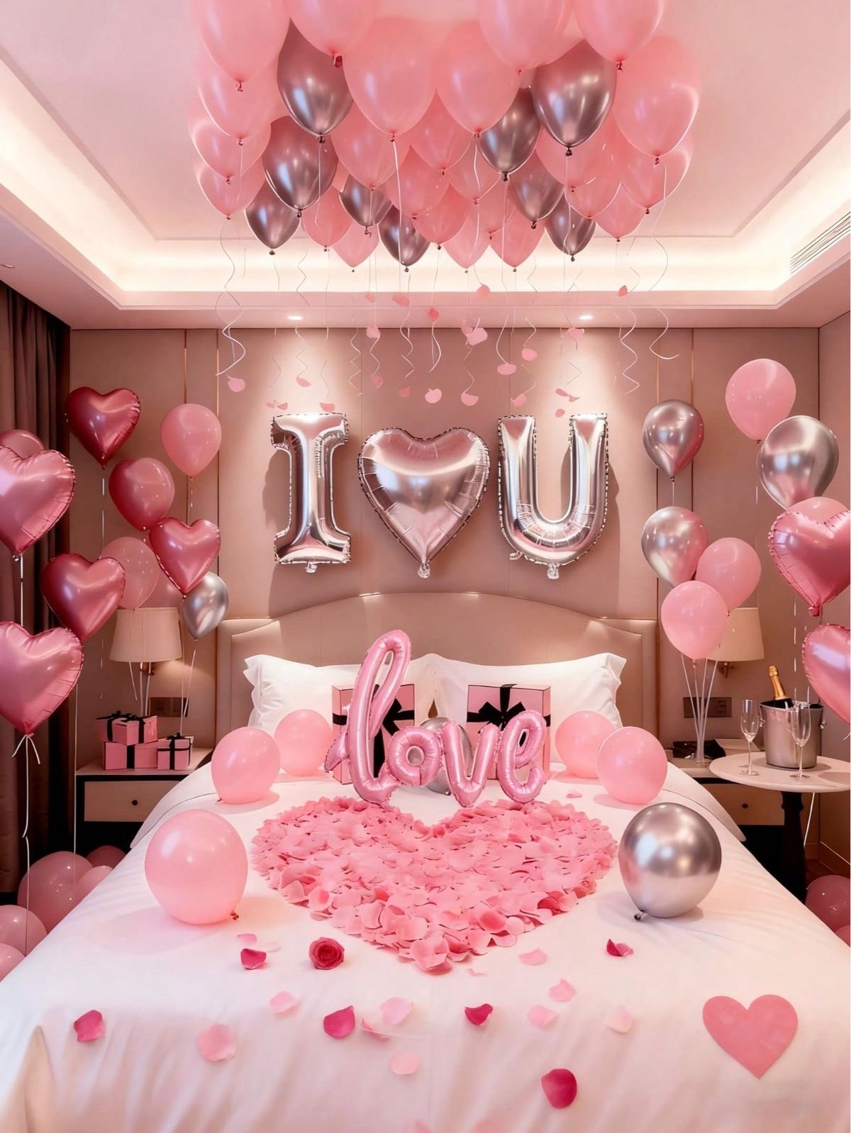 Decorated bedroom with pink and silver balloons, a large 'I love you' balloon, pink and red heart-shaped balloons, rose petals on the bed, and a "love" balloon centerpiece, creating a romantic scene.