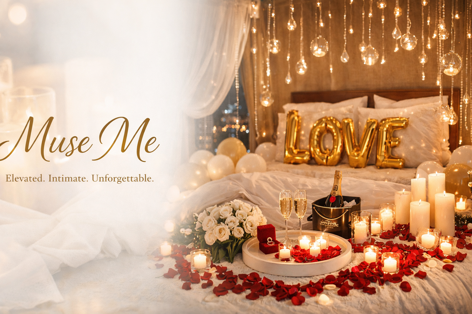 Romantic bedroom decorated with candles, balloons, flowers, and gold 'LOVE' balloons on the bed for a proposal or special occasion.