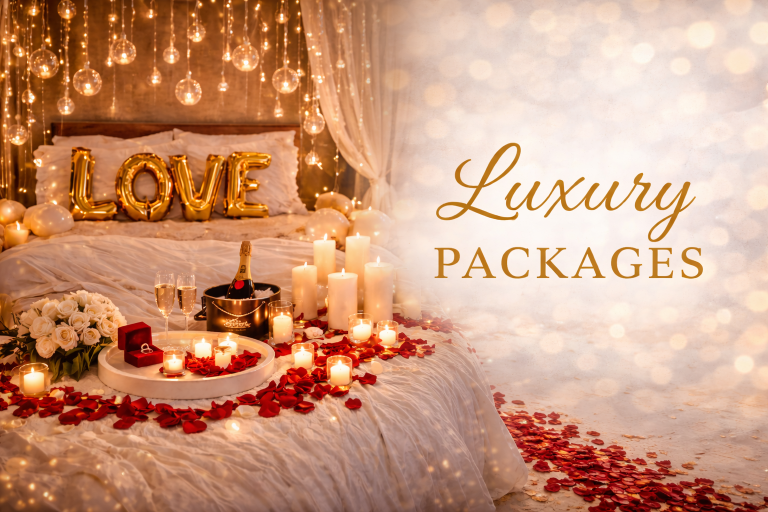 Luxurious bedroom decorated with candles, rose petals, balloons spelling 'LOVE', and champagne on the bed, with text overlay reading 'Luxury Packages'.