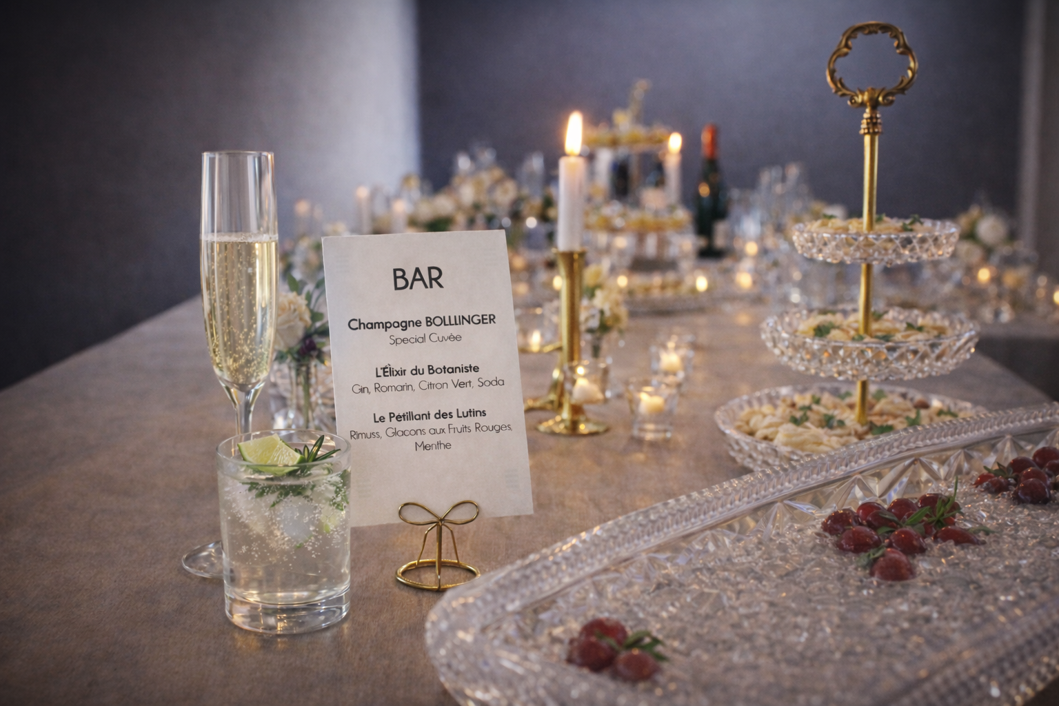 Champagne bar and dessert table for a private dinner at home