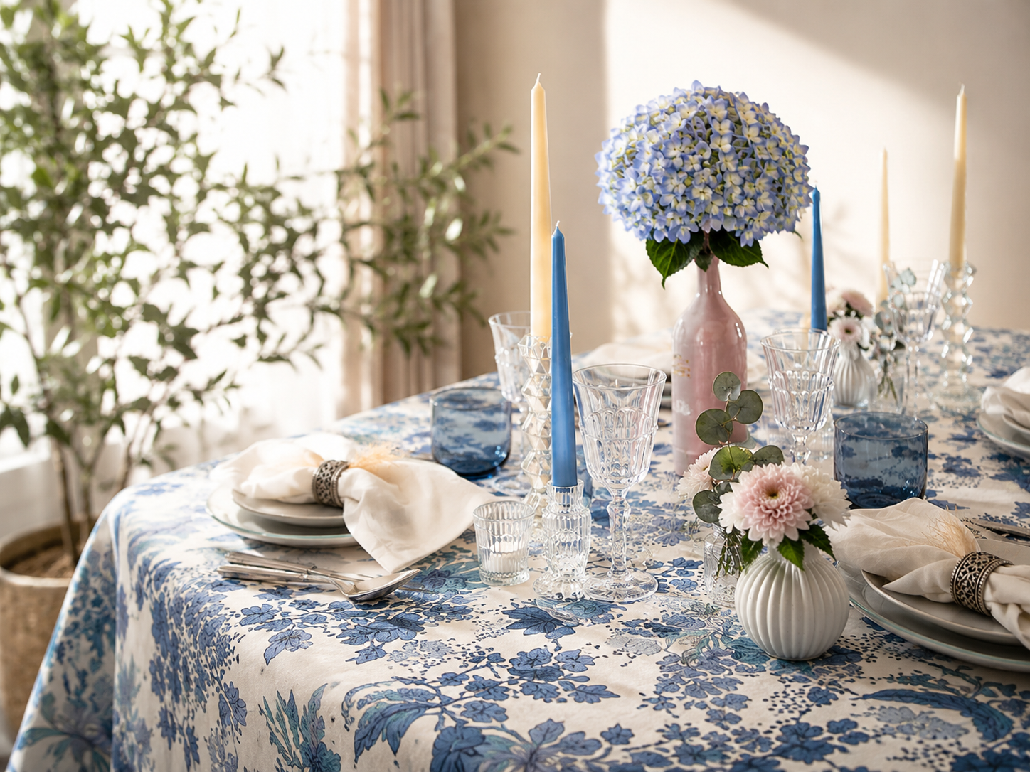 A table set for a meal with a blue and white floral tablecloth, decorated with vases of pink and purple flowers, candles, glassware, and white napkins, with a potted plant in the background.