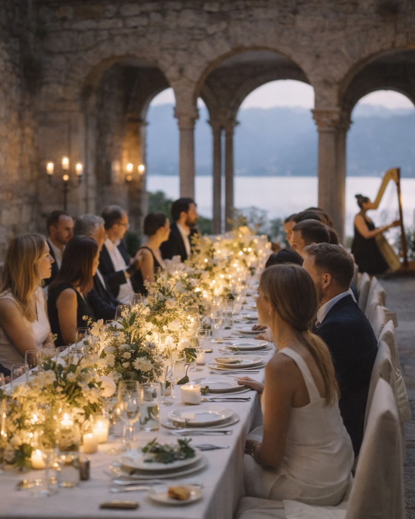 Outdoor private reception with long candlelit table and harpist