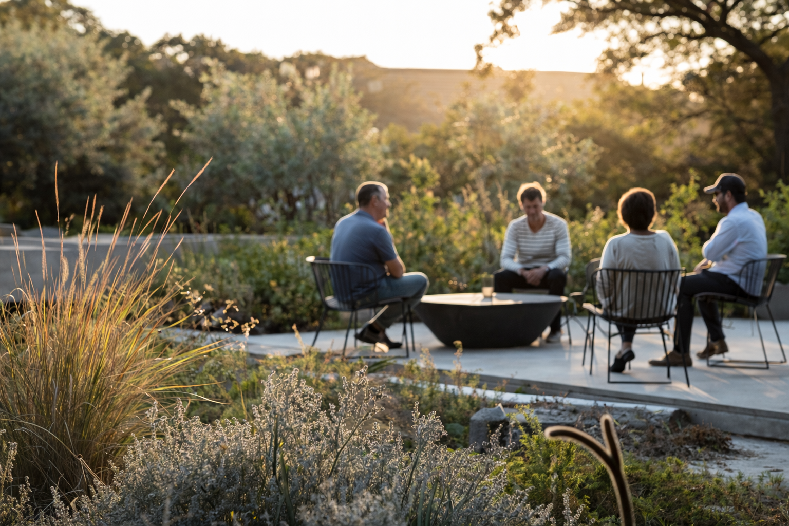 Executive off-site conversation around a fire pit at sunset
