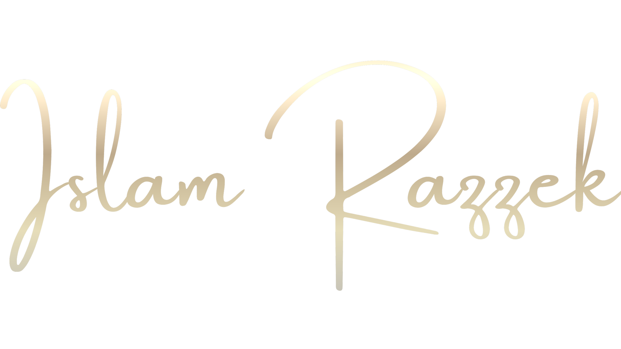 A neon sign displaying the words 'Islam Kazcek' in cursive font with a beige glow on a black background.