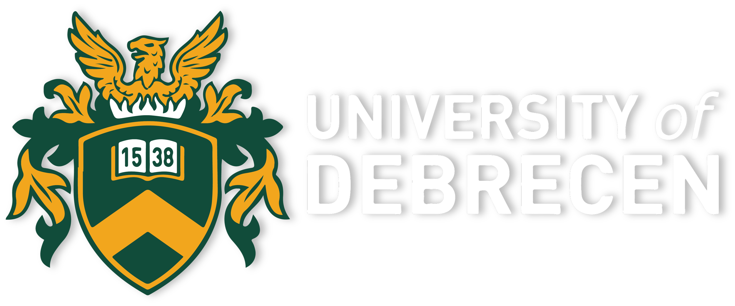 The logo of the University of Debrecen features a golden eagle above a shield with green and gold chevrons, and an open book with the year 1538 inside it. To the right, the text reads "UNIVERSITY of DEBRECEN" in bold white letters.