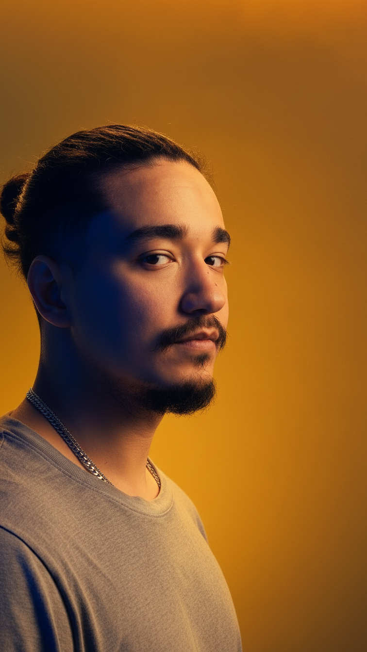 Portrait of a young man with dark hair tied back in a bun, facial hair, wearing a grey shirt and chain necklace, against a warm yellow background.