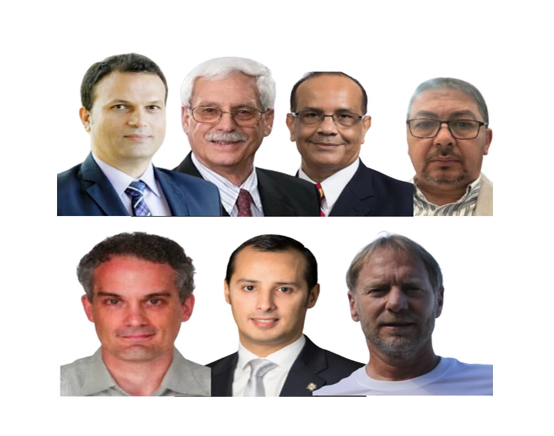 Photographs of seven men, with four in the top row wearing suits and ties, and three in the bottom row, dressed more casually.