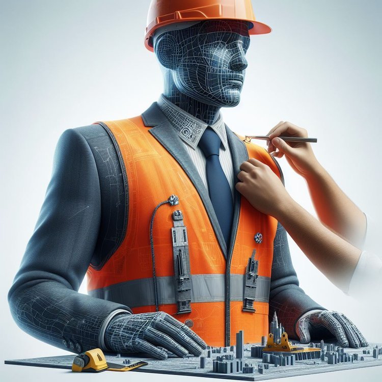 A futuristic digital humanoid robot with a wireframe face and body, dressed in a business suit and wearing an orange safety vest and hard hat, is being prepared or assembled by a person using a paintbrush, surrounded by tools and construction plans.