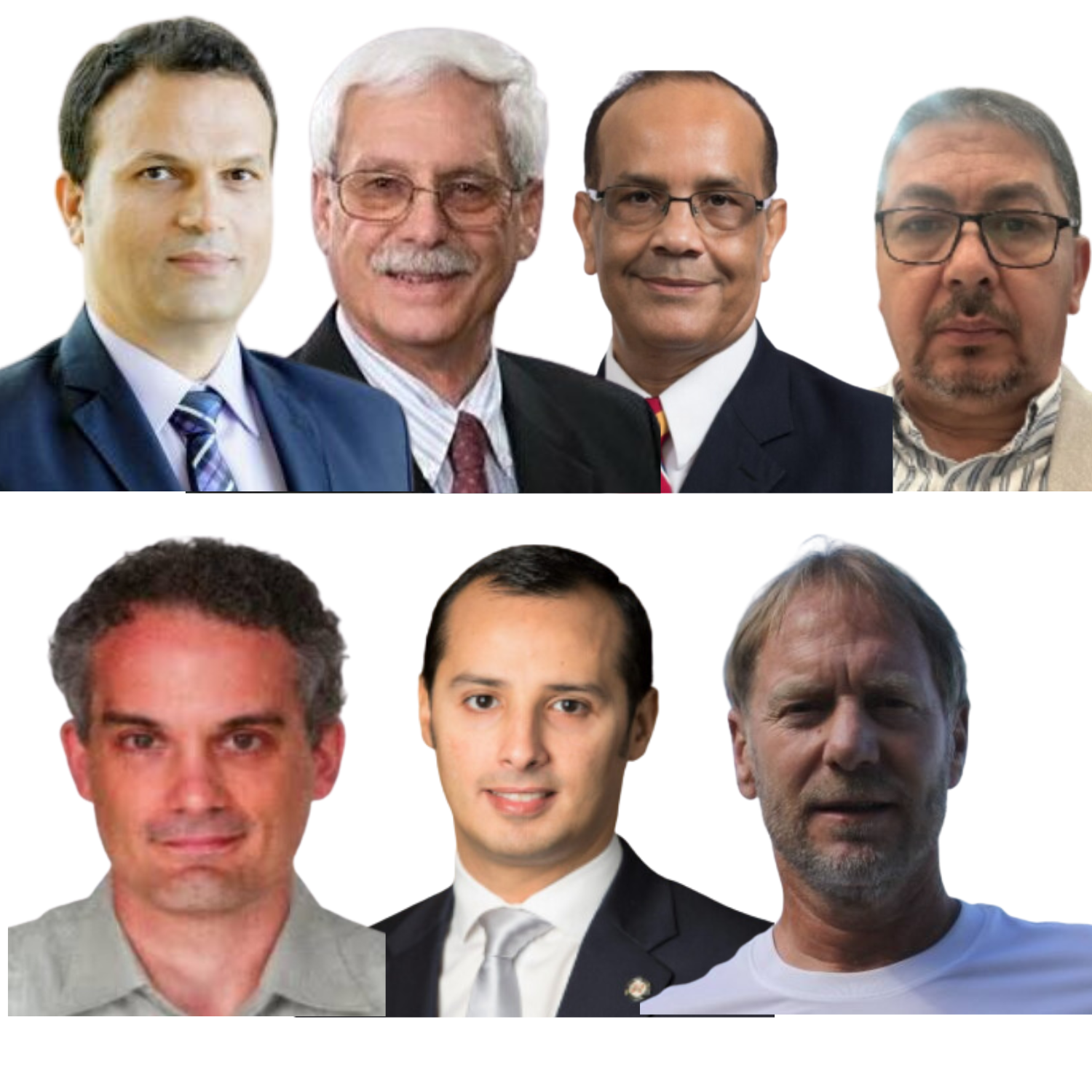 Portraits of seven men with diverse ethnic backgrounds, dressed in formal attire, arranged in two rows with four men in the top row and three men in the bottom row.