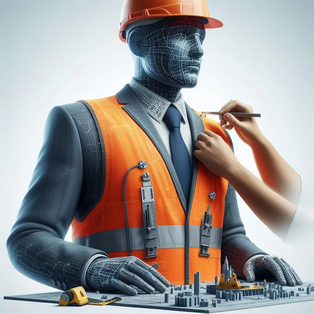 A robot with a human-like face, dressed in a business suit and orange safety vest, wearing a safety helmet, working on a miniature city model with a person painting the model's shoulder.