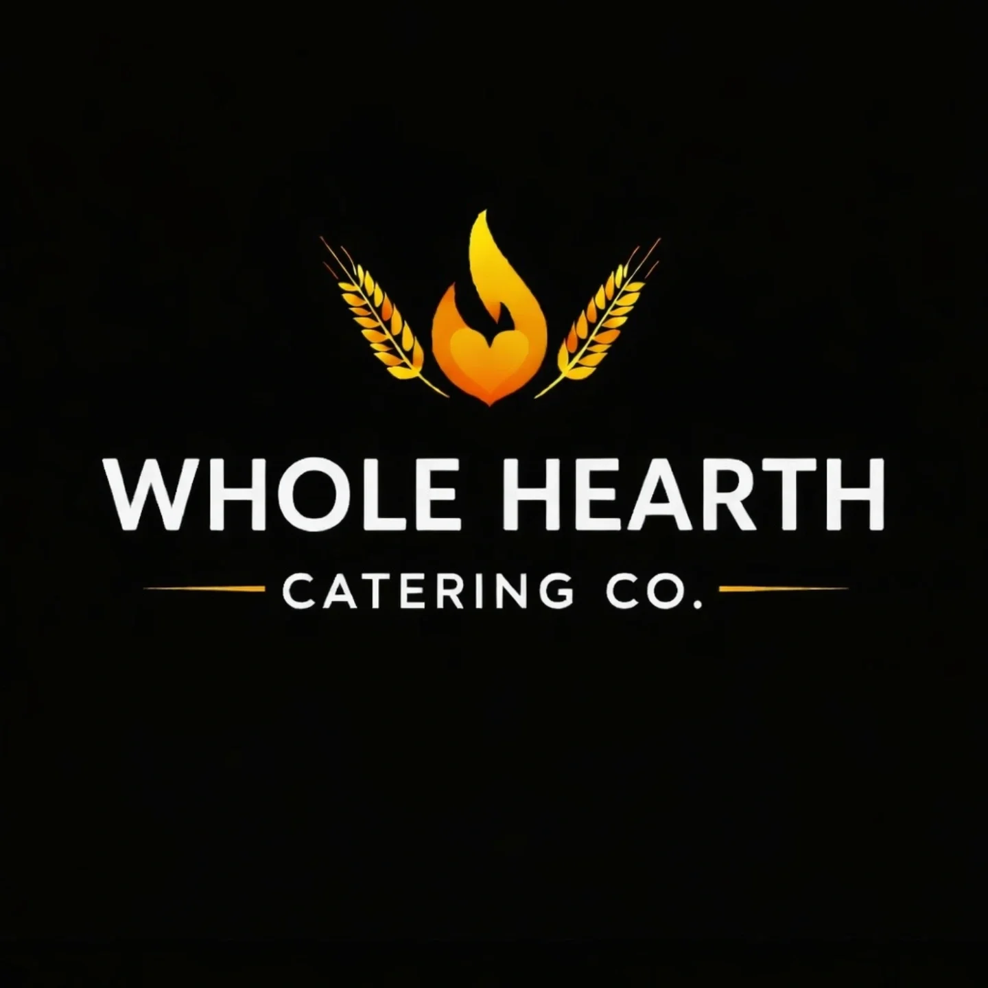 Logo for Whole Hearth Catering Co., featuring a flame and wheat graphic on a black background.