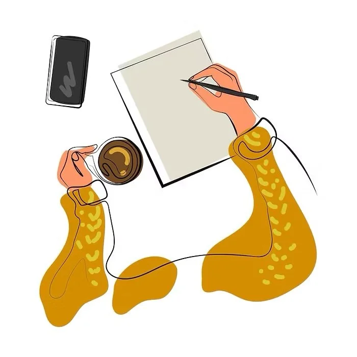 Top-down illustration of a person with yellow sleeves writing in a notebook with a pen, holding a cup of coffee in one hand, and a smartphone on a white surface.