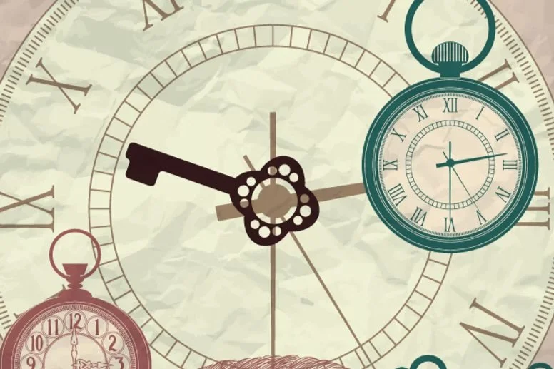 Close-up of a clock face with two pocket watches overlapping on a vintage background.