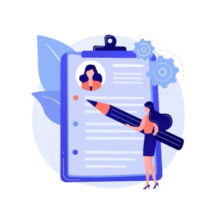Illustration of a woman holding a large pen, editing a large document on a clipboard with profile picture and text lines, with gears and leaves in the background.