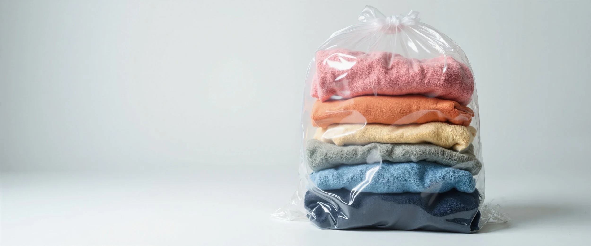 Stack of folded colorful clothes inside a clear plastic bag, with colors including pink, orange, yellow, gray, light blue, and dark blue.