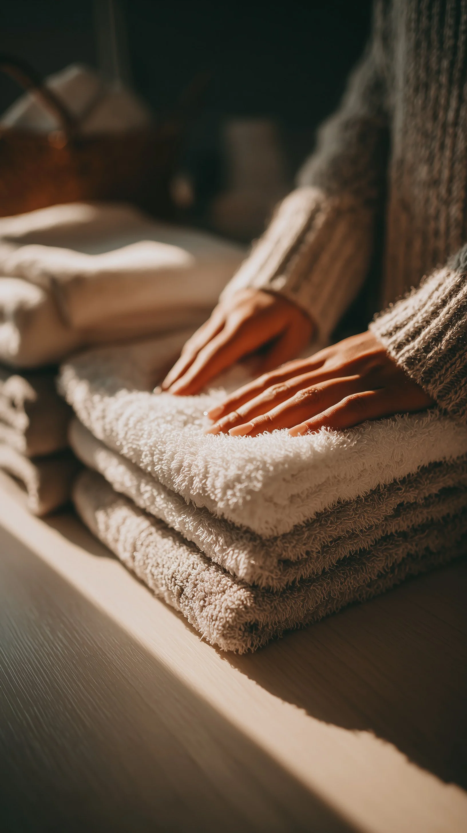 Person folding beige towels on a table, with additional towels in the background.