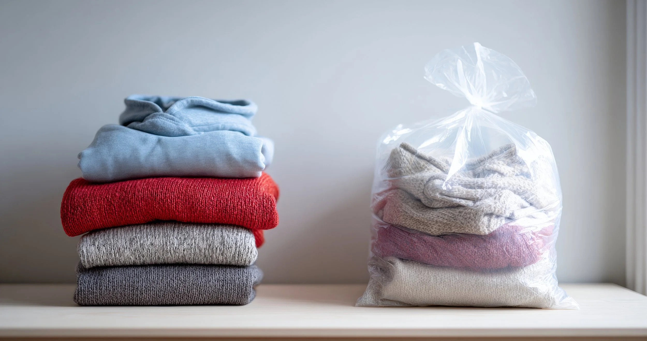 Folded clothes stacked on a table and a plastic bag filled with more clothes next to it.