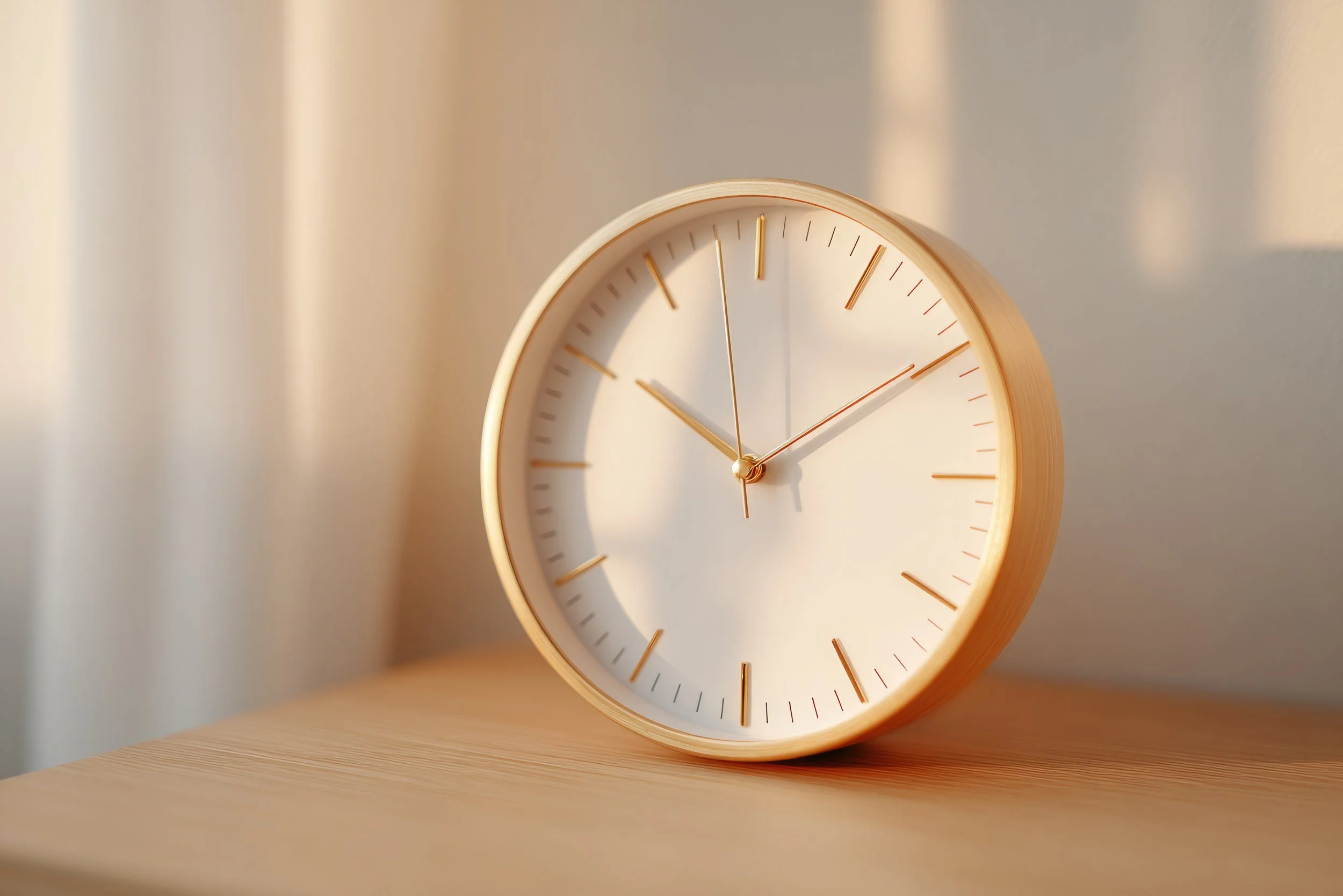 A modern round wall clock with a white face and gold-colored frame, placed on a wooden surface against a softly lit background.