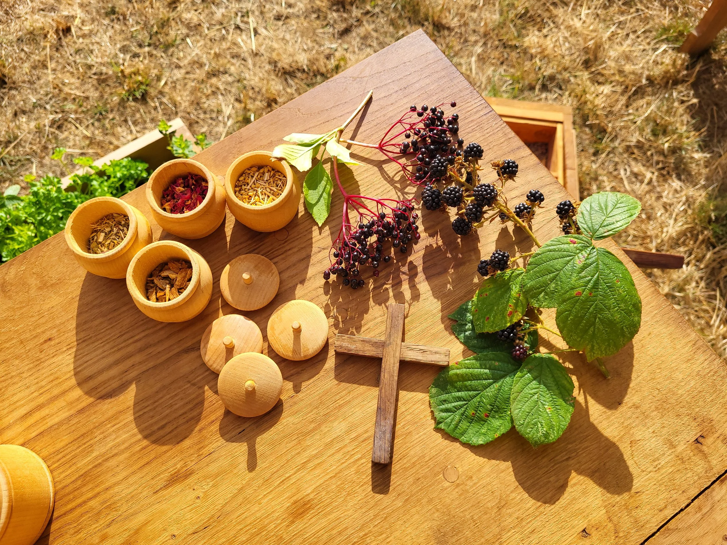 Image shows blackberries, elderberries, and dried herbs, as well as a wooden cross, on a wooden table.