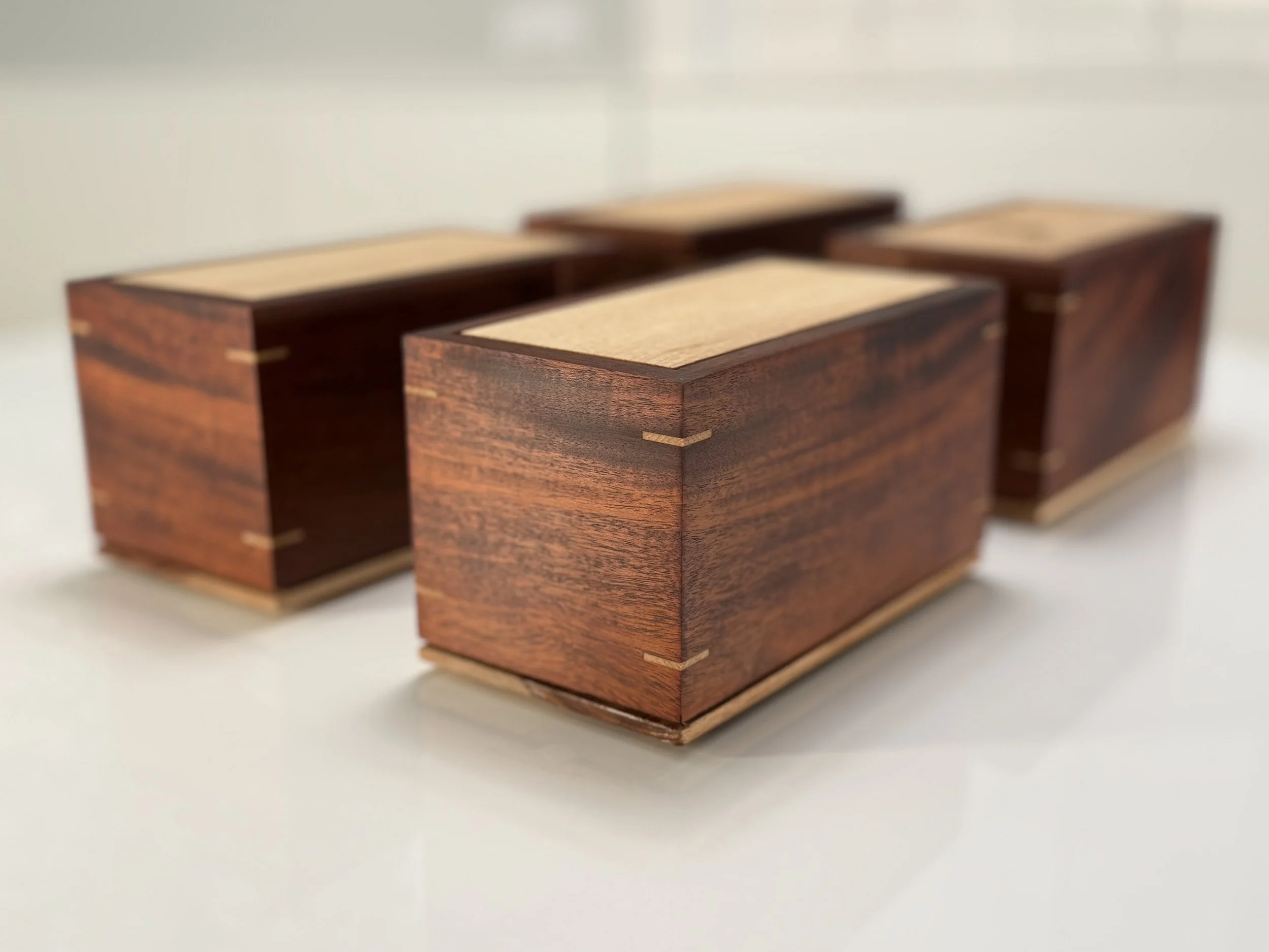 Three rectangular wooden boxes with dovetail joints, dark staining, and light wood tops, arranged on a white surface.