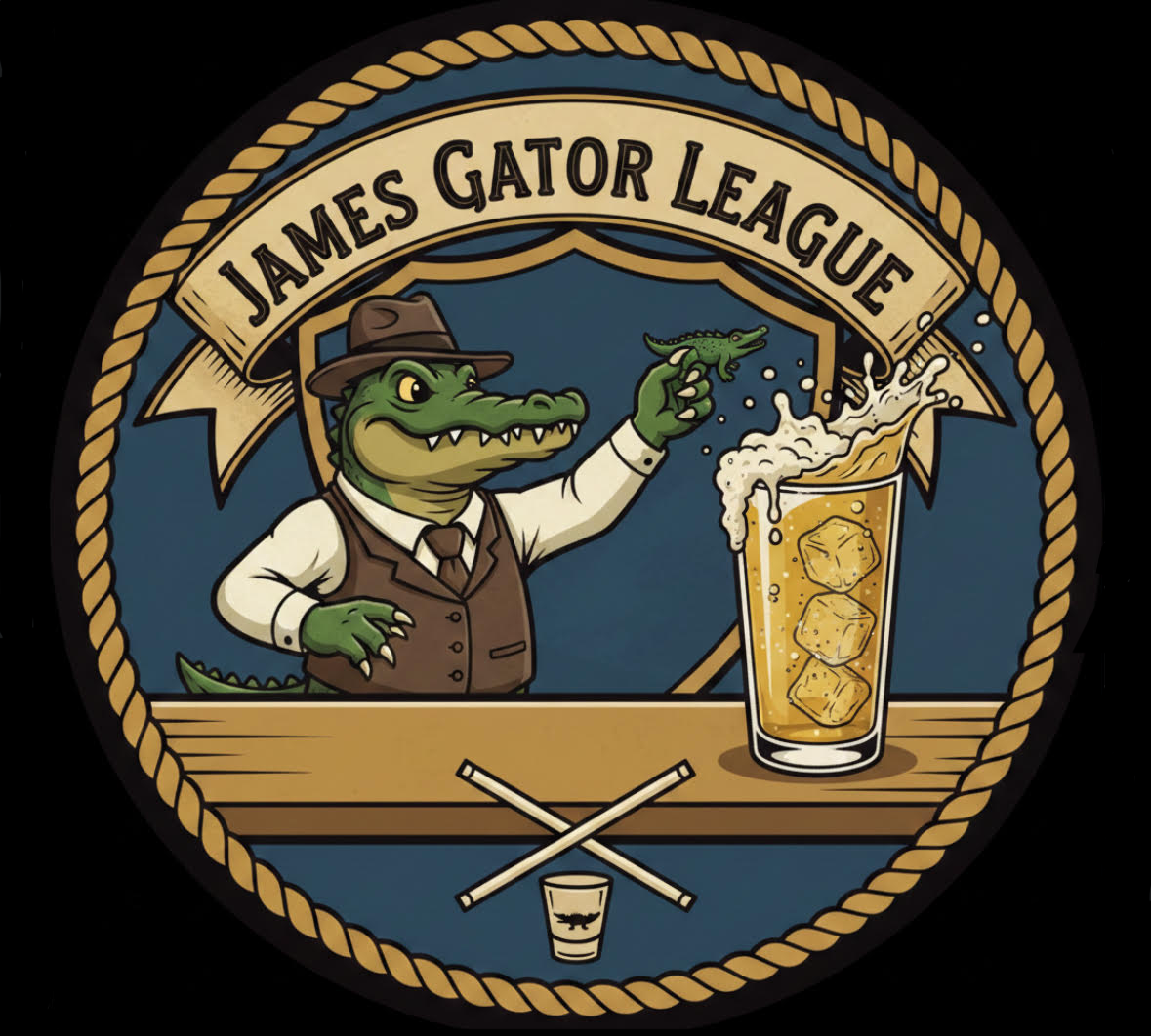 Cartoon alligator dressed as a bartender holding a small crocodile over a glass of beer with ice, with a banner reading "James Gator League" at the top, inside a circular design with a rope border.