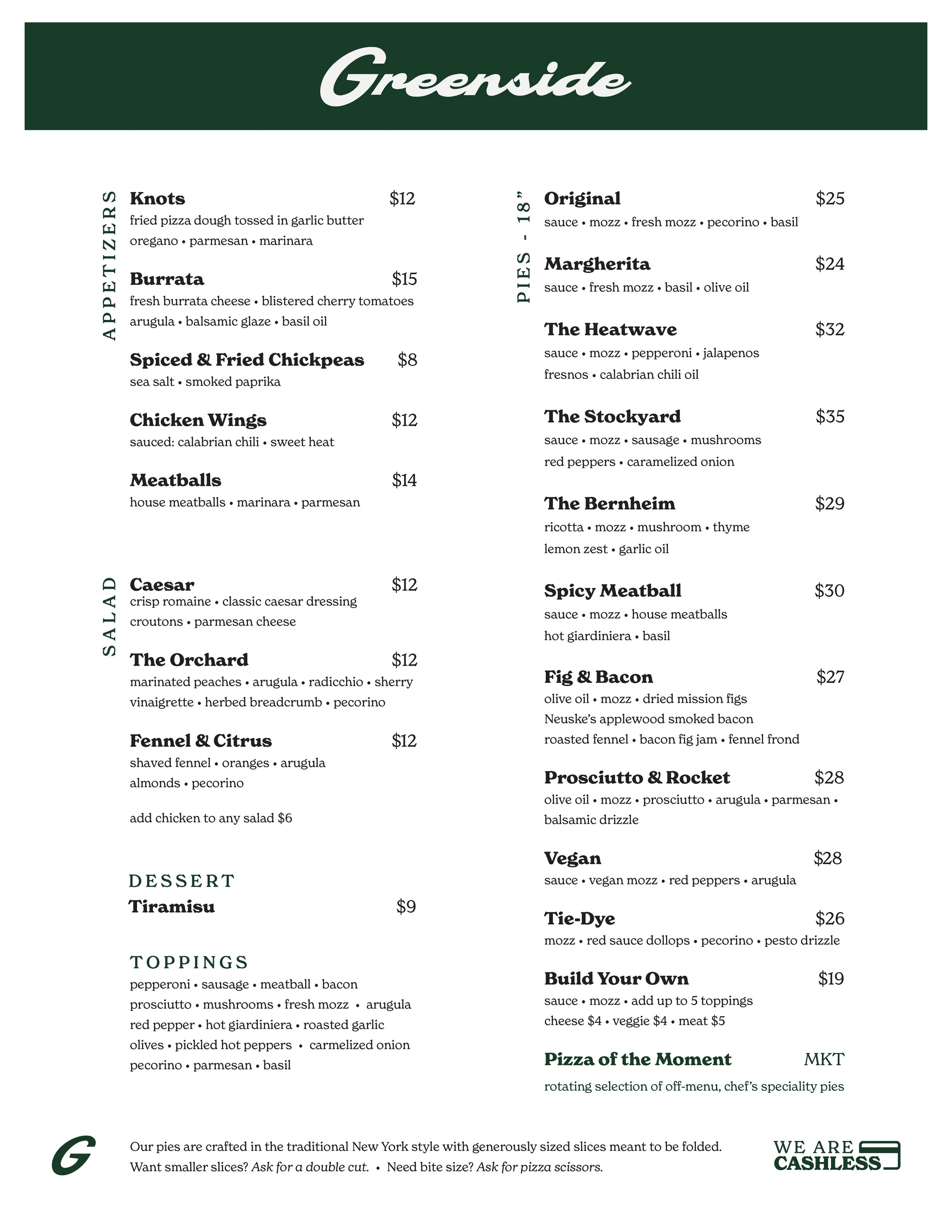 Restaurant menu with sections for appetizers, salads, pies, desserts, toppings, and pizza of the month, including various pizza options and toppings, with prices listed.