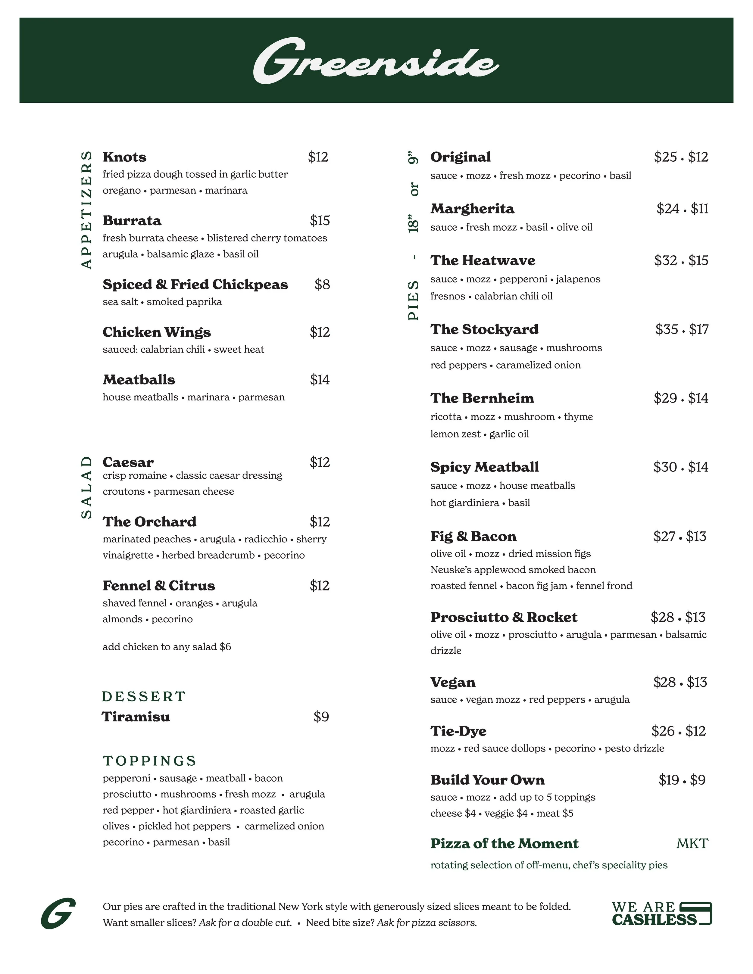 Menu from a pizzeria named Greenside, featuring various pizzas and appetizers with prices and ingredients listed, including options like Knots, Burrata, Spiced & Fried Chickpeas, Chicken Wings, Meatballs, and different pizza types such as Original, Margherita, The Heatwave, The Stockyard, and others.