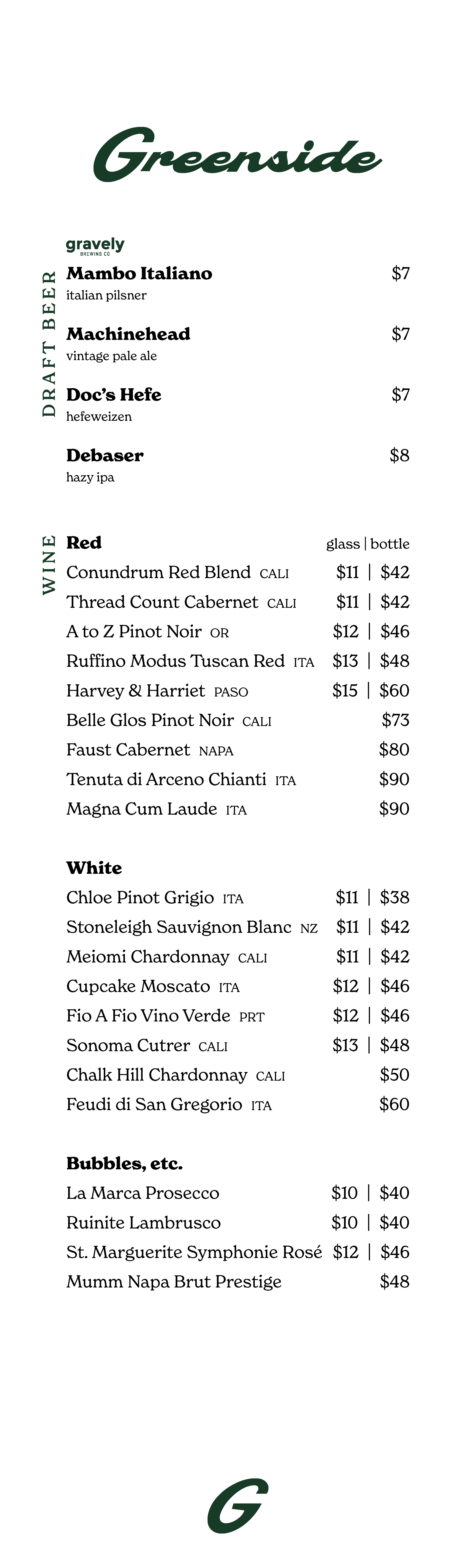 Drink menu from Greenside brewery featuring craft beers, wines, and bubbles, with sections for draft beer, wines by the glass or bottle, and sparkling wines, including prices.
