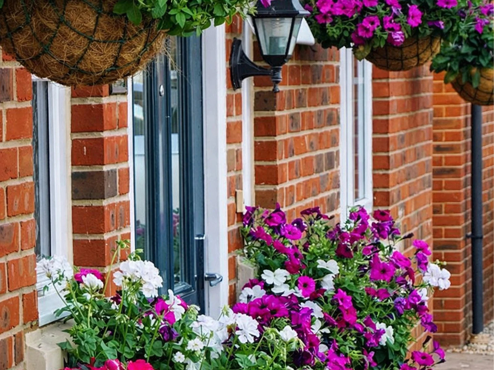 A brick house exterior with colorful flowers in planters and hanging baskets, a black lantern-style light fixture, and windows with blue shutters.