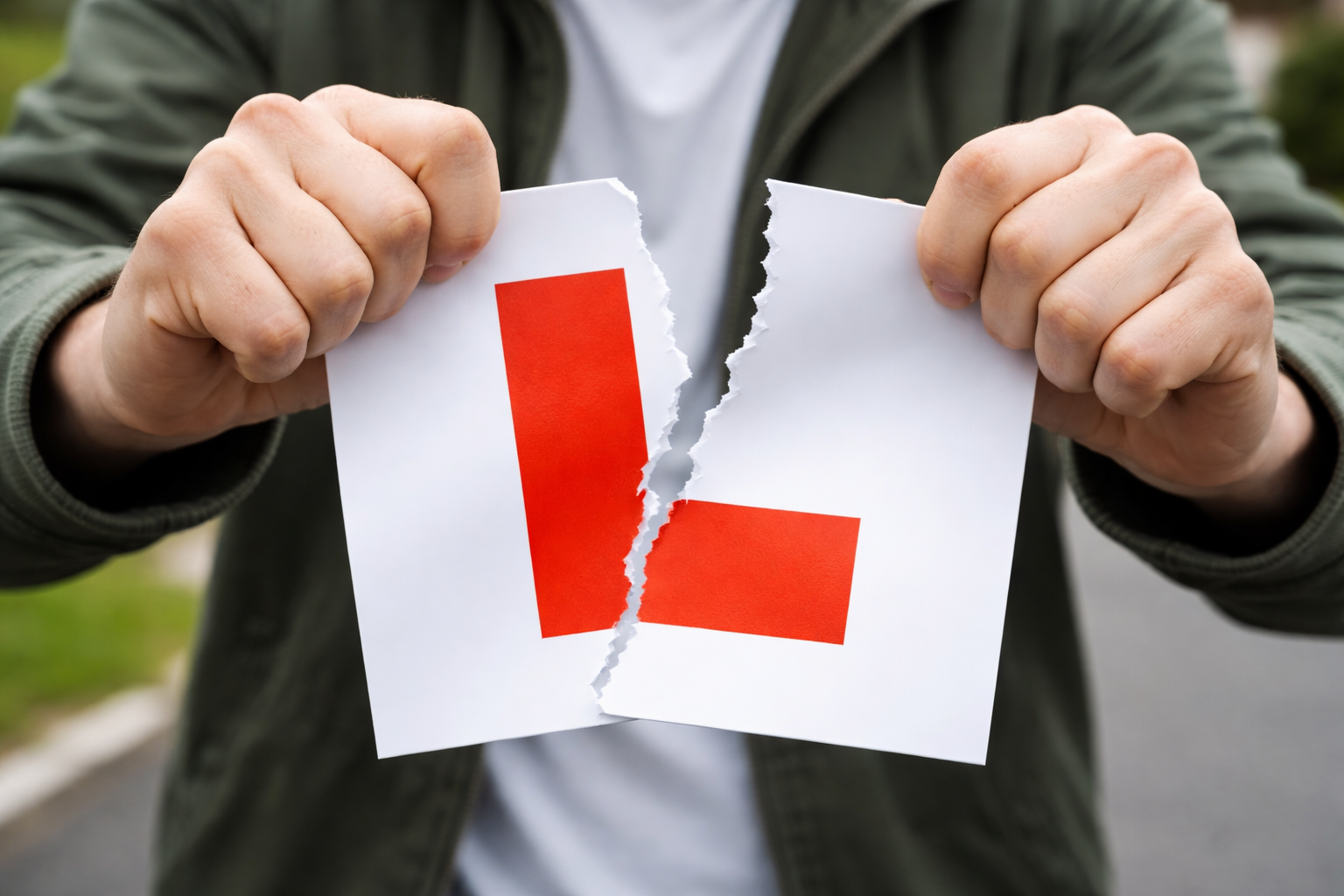 Person tearing a paper with a red letter L printed on it.