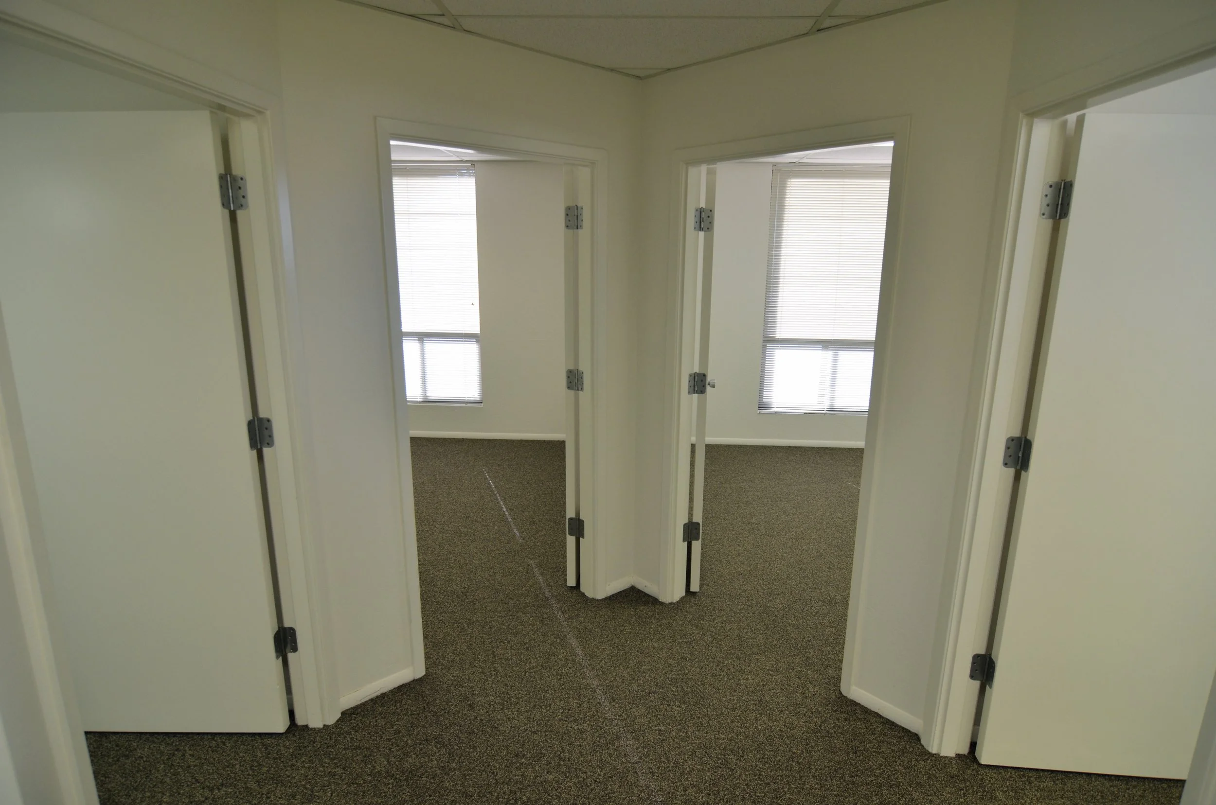A hallway with separate rooms or offices featuring white walls, windows with blinds, beige carpet, and white doors, some partially open.