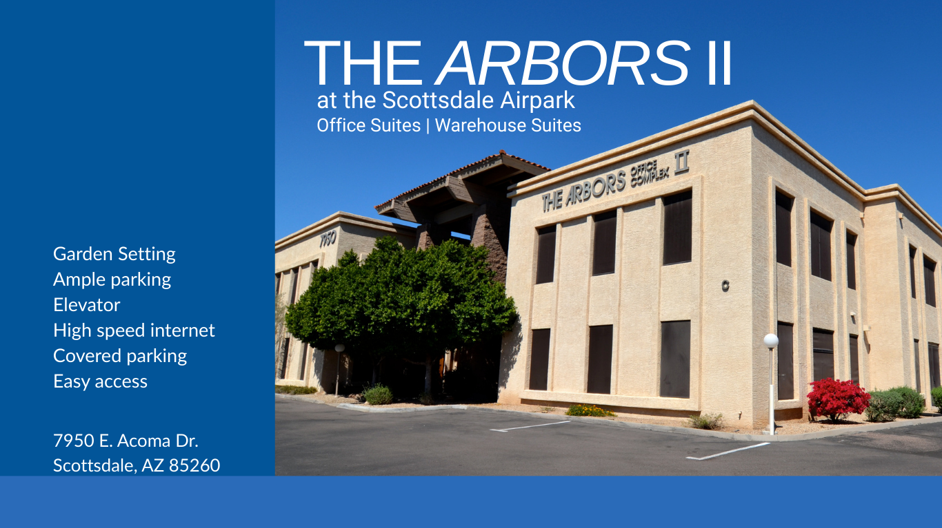 A photo of a beige office building with the sign 'The Arbors II' at Scottsdale Airpark, across a parking lot with some trees and bushes, under a clear blue sky. Text overlay mentions amenities like garden setting, ample parking, elevator, high speed internet, covered parking, and easy access, along with the address 7950 E. Acoma Dr., Scottsdale, AZ 85260.